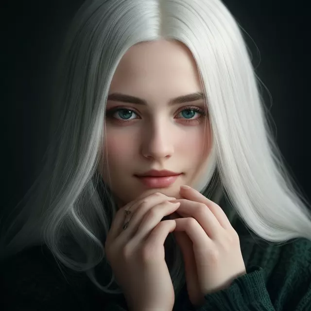 Mulher com cabelo branco e olhos verdes com as mãos perto do rosto